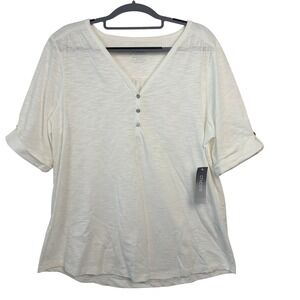 Chico's The Ultimate Tee Size 2 Large Off-White Henley V-Neck Roll-Tab Sleeve